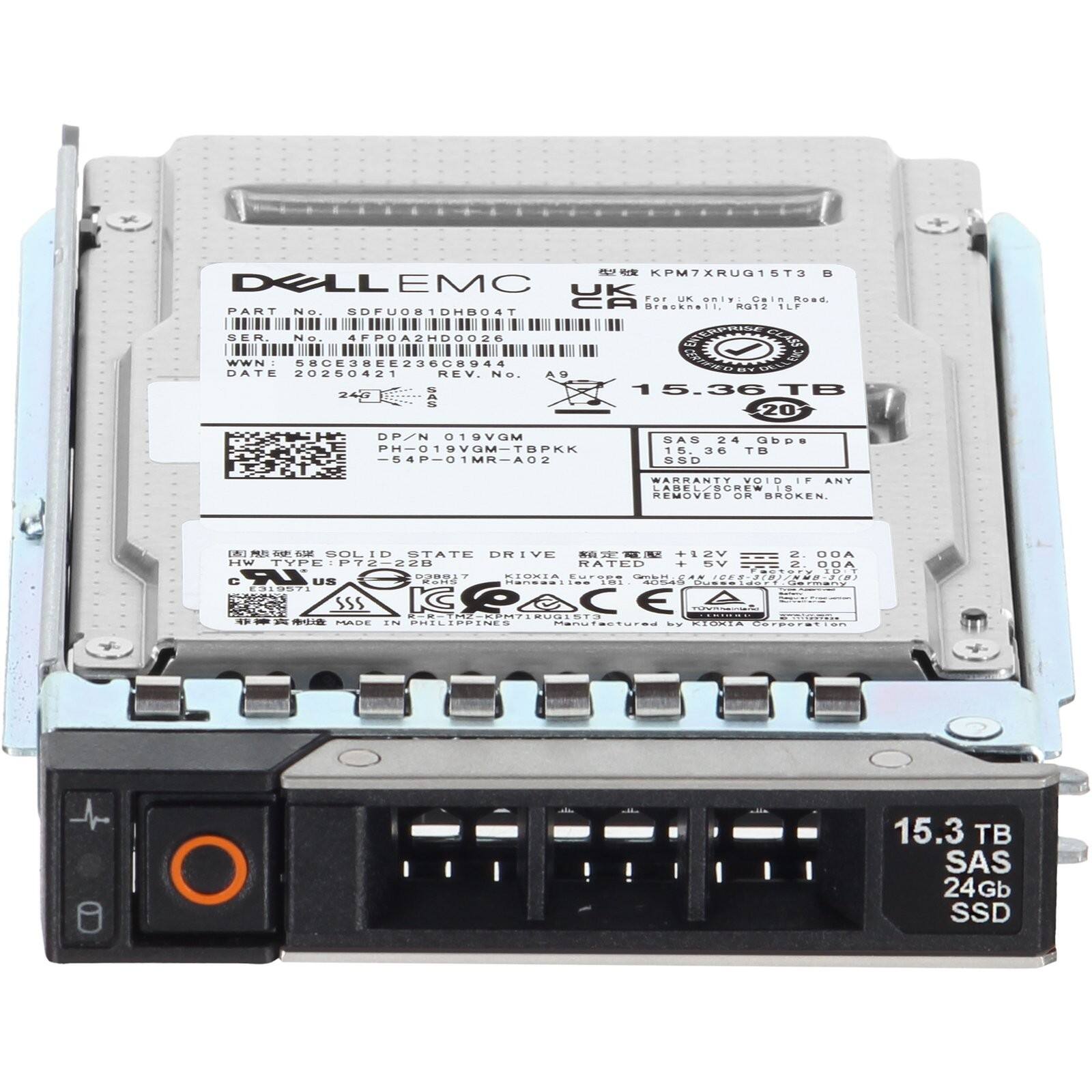 n eE KPM7XRUG18T3 i DELL EMC UK FOr un Smiw Gain .... CA rasemail. 019 1LP PART Ne SDFUOB1DHBO4T OOUOIO SER NO. 4FPOA2HD0026 CLAG WWN: B8GE38EE236G8944 DATE 20260421 REV. No. A9 15.36 TB AS 20 DP/N MoVero SAS SAS24Gbp8 24 Gbps PH-019VGM-TBPKK 15. 06 TB -54-01MR-A02 SSD WARRANTY VOIDIE ANT LABEL/B0 .. REMOVER OR BROKEN. (N PATI -M /a GOLID STATE DRIVE S +12V 2 UUA HW TYPE 72-2en 20B RATED  5V 2 DA .O.. LR LOGGO RIURIA .C4 - ...g.... 8.818 0 U0 .ONa H : adda aid E319S7I SSS