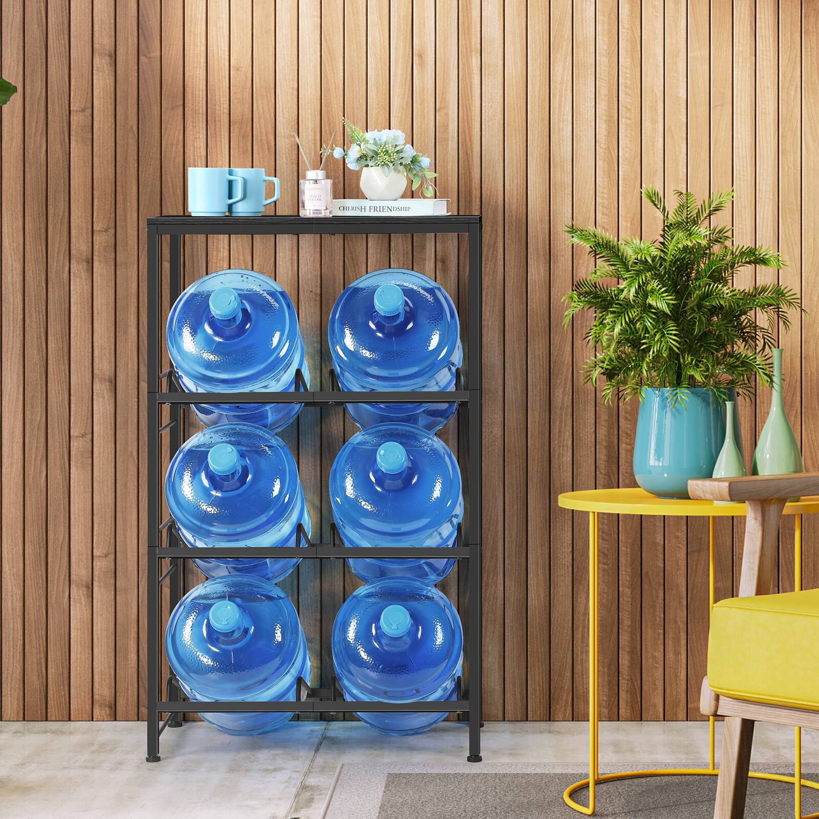 Alt View 1. Oumilen - 3-Tier Double Row Water Jug Storage Rack with Top Black Wood Shelf,  5 Gallon Water Bottle Organizer for Kitchen Office - Black.