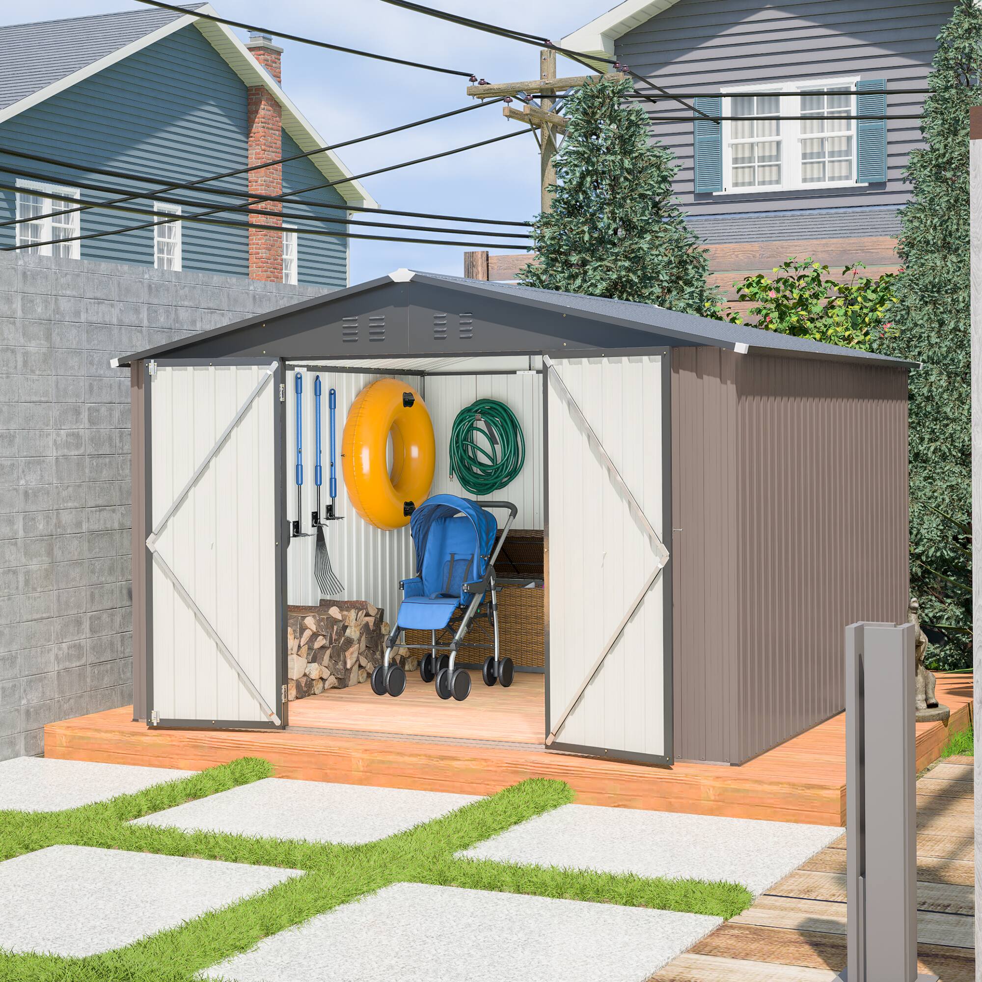 Left. Mondawe - 10x10 FT Metal Storage Shed with Lockable Doors - Brown.
