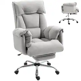 Homcom - Back Office Chair, Reclining Desk Chair with Footrest, High Resilience Foam, Rolling Wheels - Light Gray