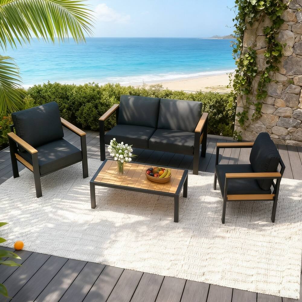 Front. U-HOMY - Outdoor Patio Furniture Set: 4-Piece Aluminum Conversation Group with Table, All-Weather - Black.