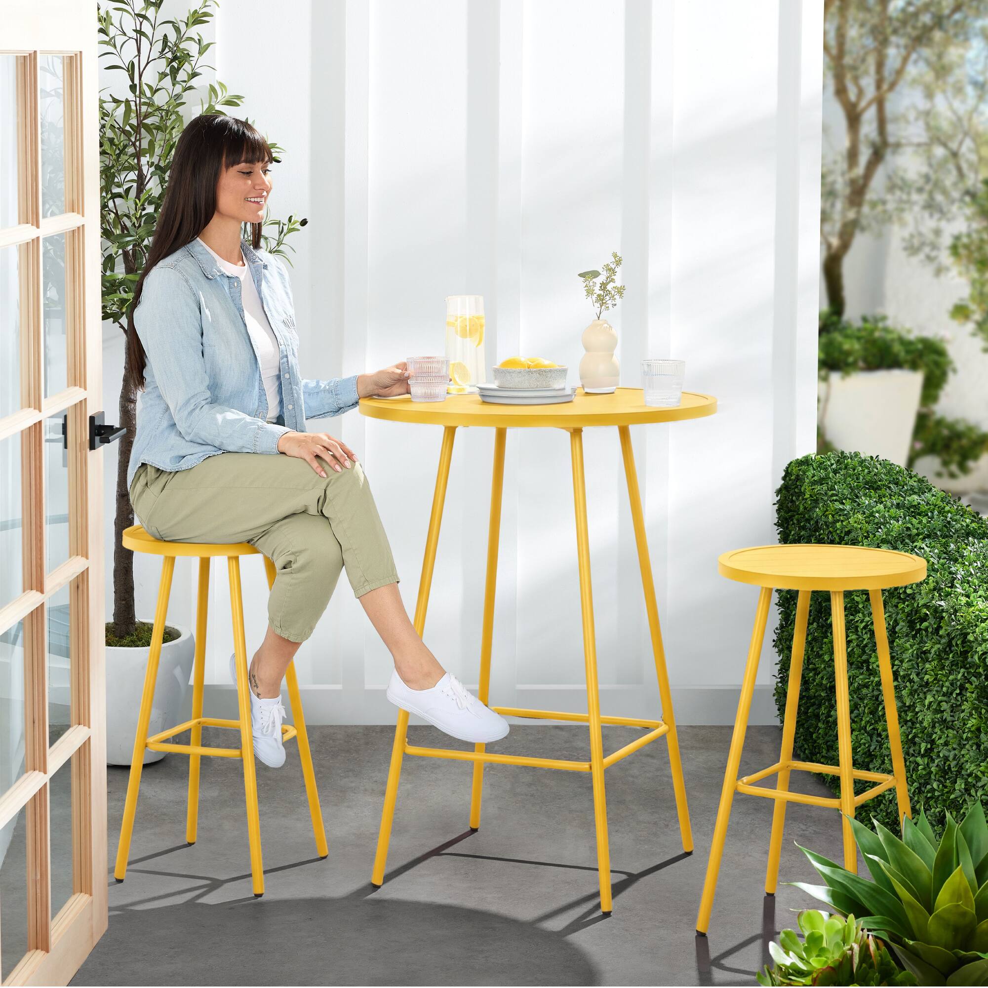Alt View 8. Best Choice Products - Best Choice Products 3-Piece Steel Patio Bar Height Round Bistro Set w/ Backless Stools, Slatted Design - Yellow - Yellow.