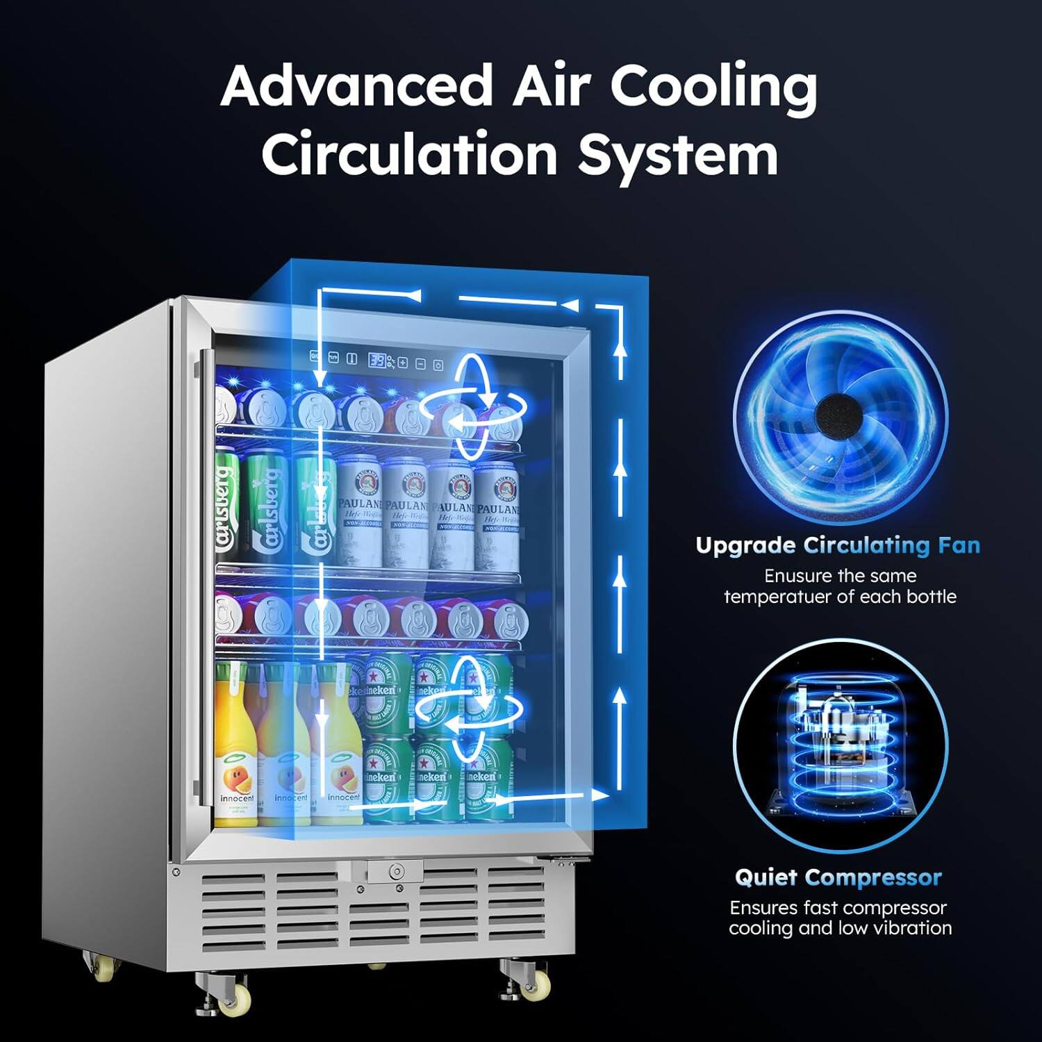 Advanced Air Cooling Circulation System

Upgrade Circulating Fan  
Ensure the same temperature of each bottle

Quiet Compressor  
Ensures fast compressor cooling and low vibration