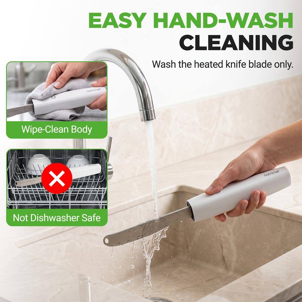EASY HAND-WASH CLEANING  
Wash the heated knife blade only.  

nutrichef  
Wipe-Clean Body  

X  
nutrichef  
Not Dishwasher Safe