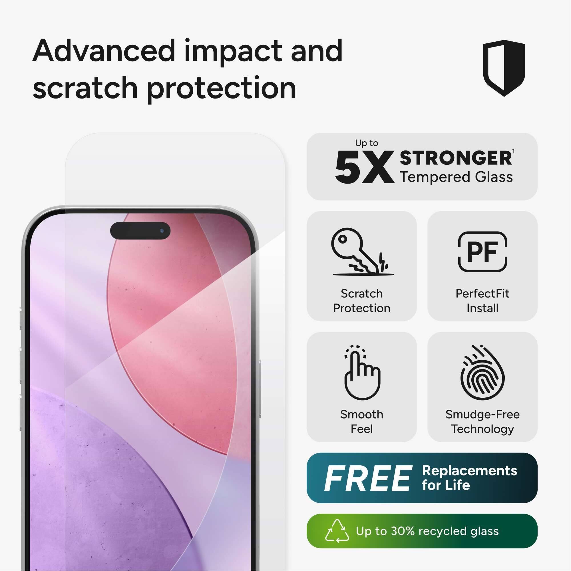Advanced impact and scratch protection

Up to 5X STRONGER Tempered Glass

Scratch Protection

PerfectFit Install

Smooth Feel

Smudge-Free Technology

FREE Replacements for Life

Up to 30% recycled glass