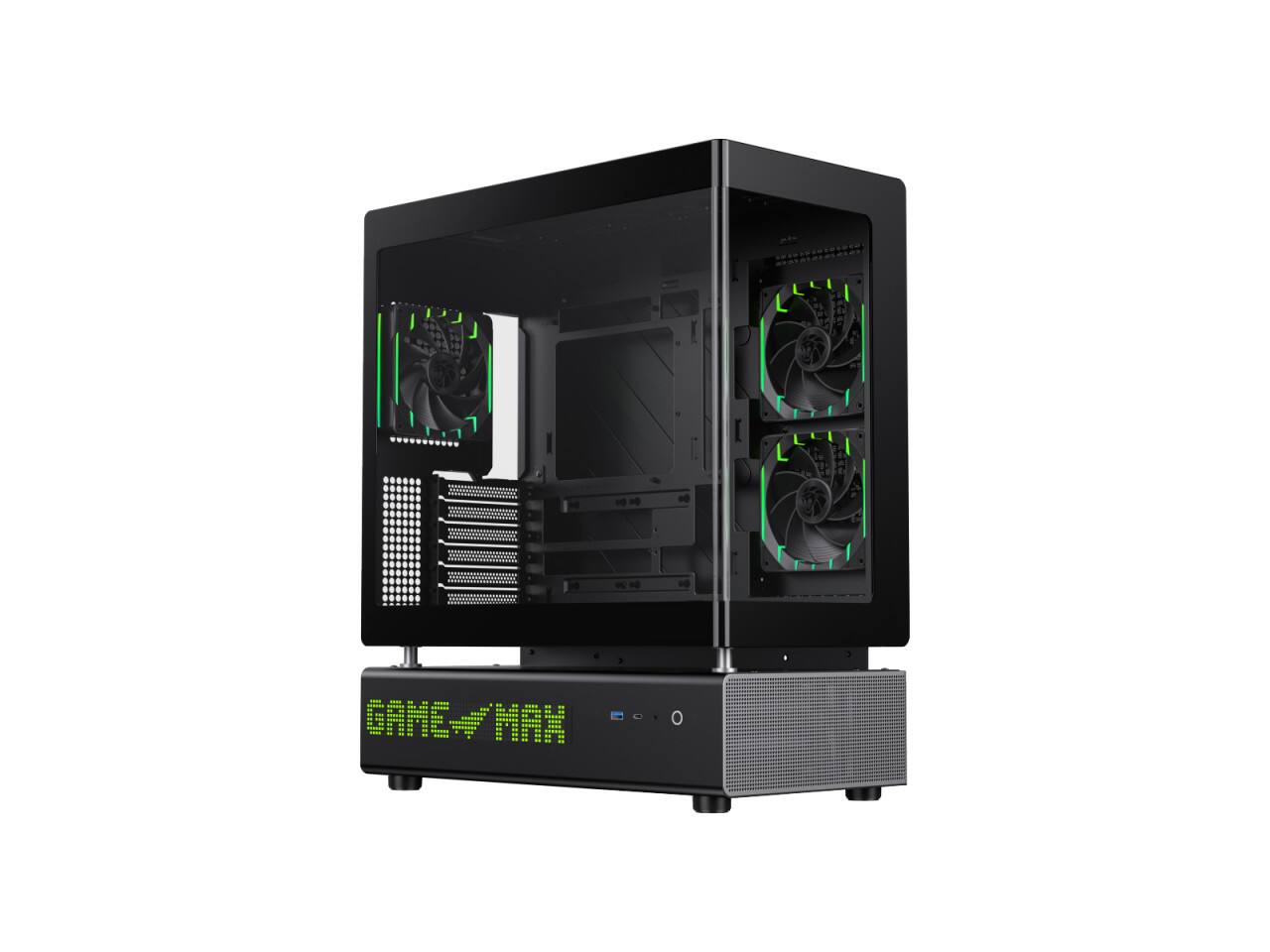 Left. GAMEMAX - GAMEMAX GAMEMAX N90 Modular Dual-Chamber PC Case N90 BG Black 270° Panoramic Curved Glass Panel ATX Mid Tower case - Black.
