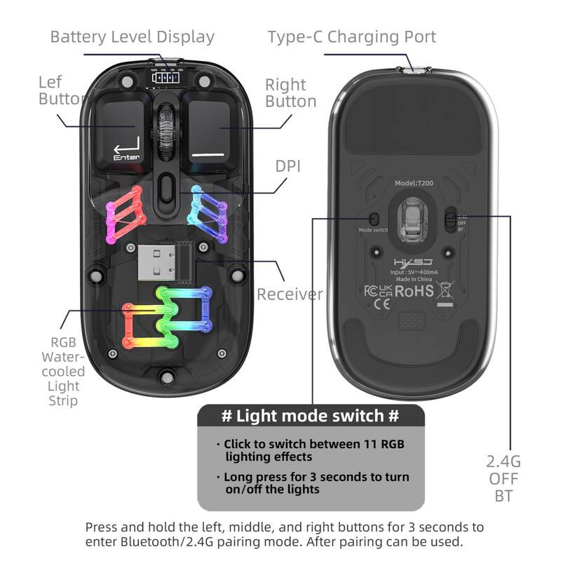 Battery Level Display  
Type-C Charging Port  
Left Button  
Right Button  
DPI  
Receiver  
Model: T200  
Mode switch  
OFF  
2.4G  
BT  
Input: 5V/400mA  
Made in China  
FCL  
CA  
RoHS  
CE  
RGB Water-cooled Light Strip  

# Light mode switch #  
- Click to switch between 11 RGB lighting effects  
- Long press for 3 seconds to turn on/off the lights  

Press and hold the left, middle, and right buttons for 3 seconds to enter Bluetooth/2.4G pairing mode. After pairing can be used.