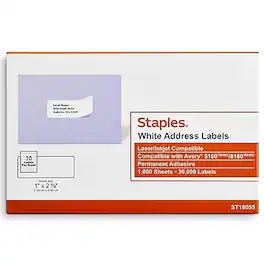 Staples - Laser/Inkjet Address Labels, 1" x 2 5/8", 30 Labels/Sheet, 1000 Sheets/Pack, 30,000 Labels/Box - White