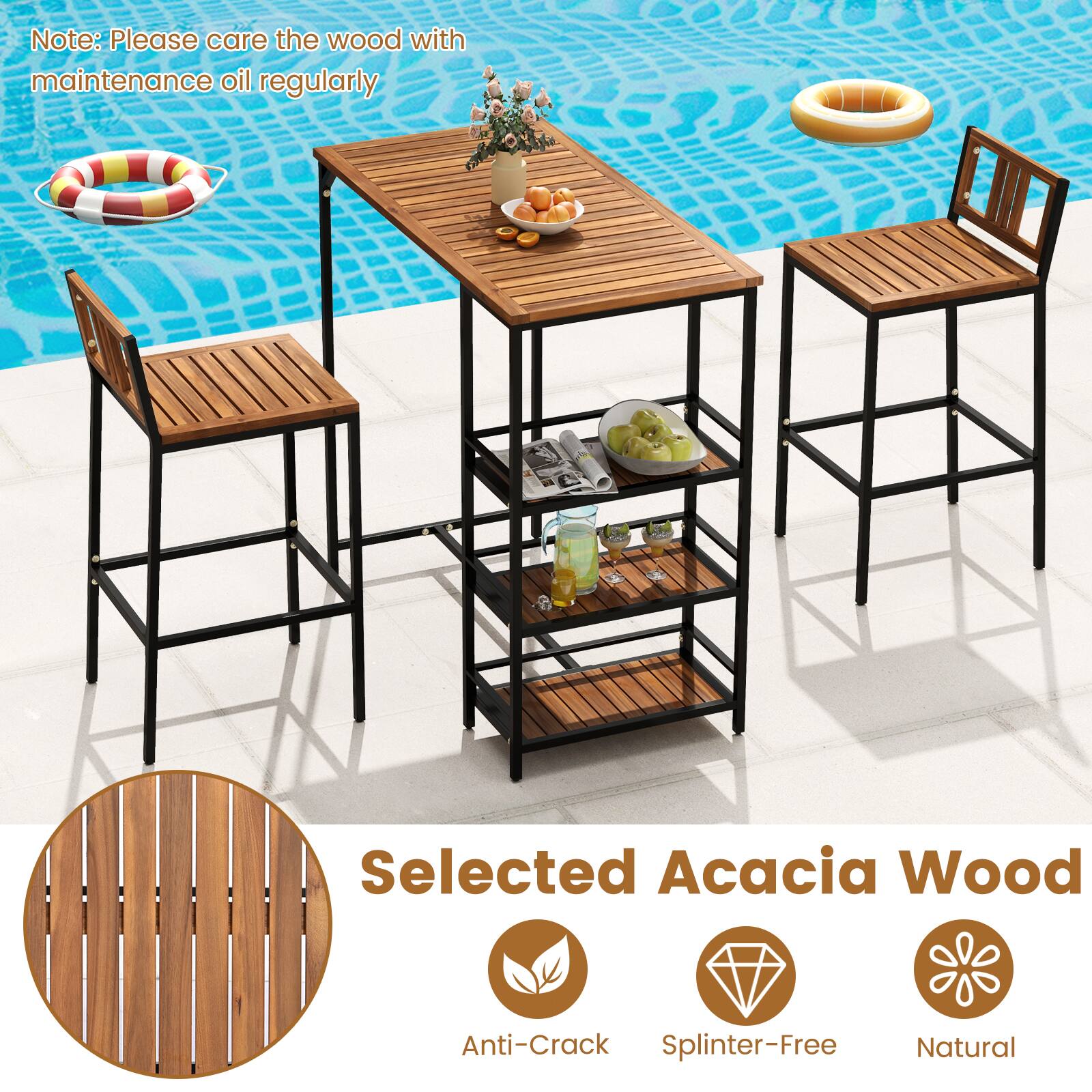Note: Please care the wood with maintenance oil regularly.

Selected Acacia Wood

Anti-Crack  
Splinter-Free  
Natural