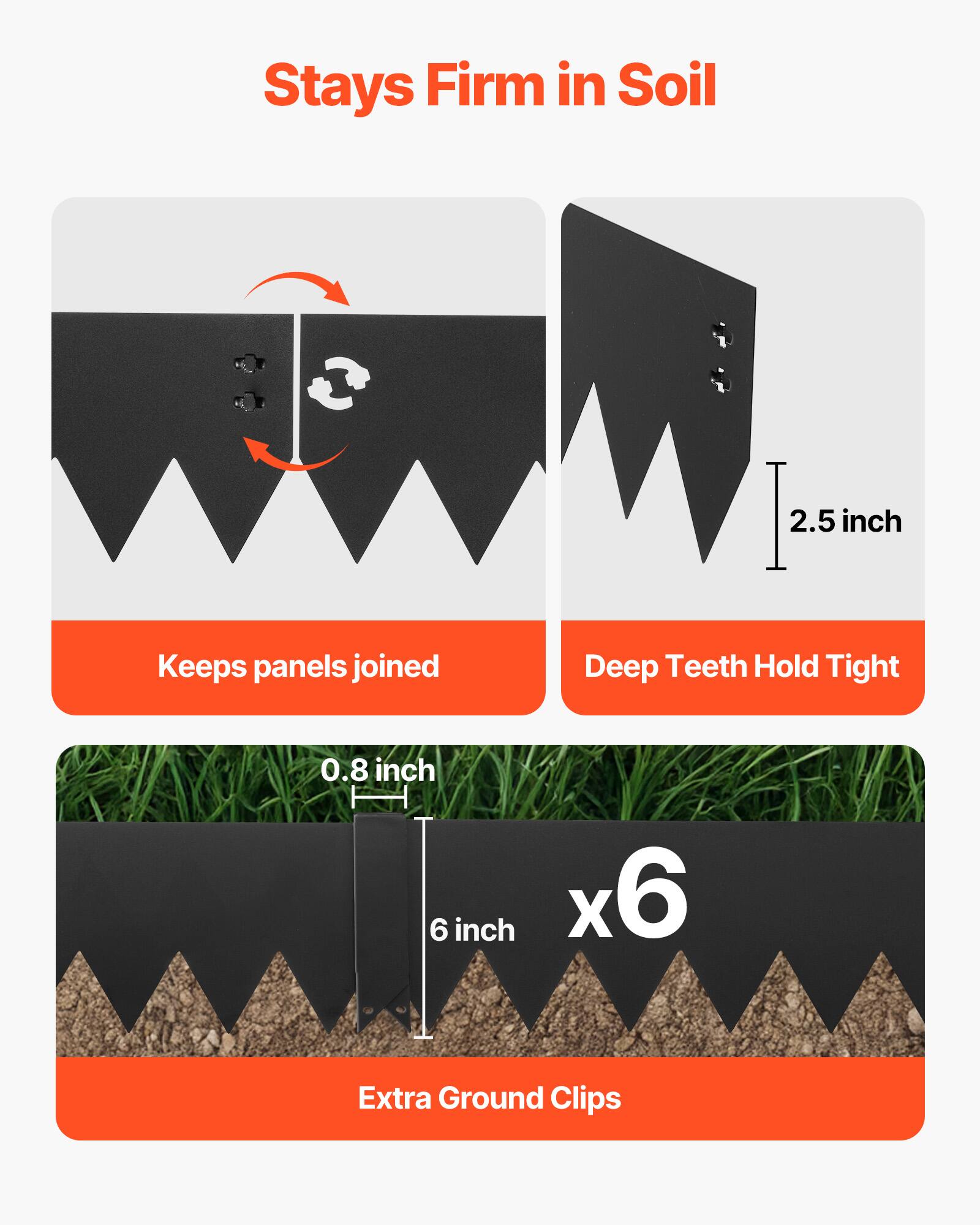 Stays Firm in Soil

Keeps panels joined

Deep Teeth Hold Tight

0.8 inch

2.5 inch

6 inch x6

Extra Ground Clips