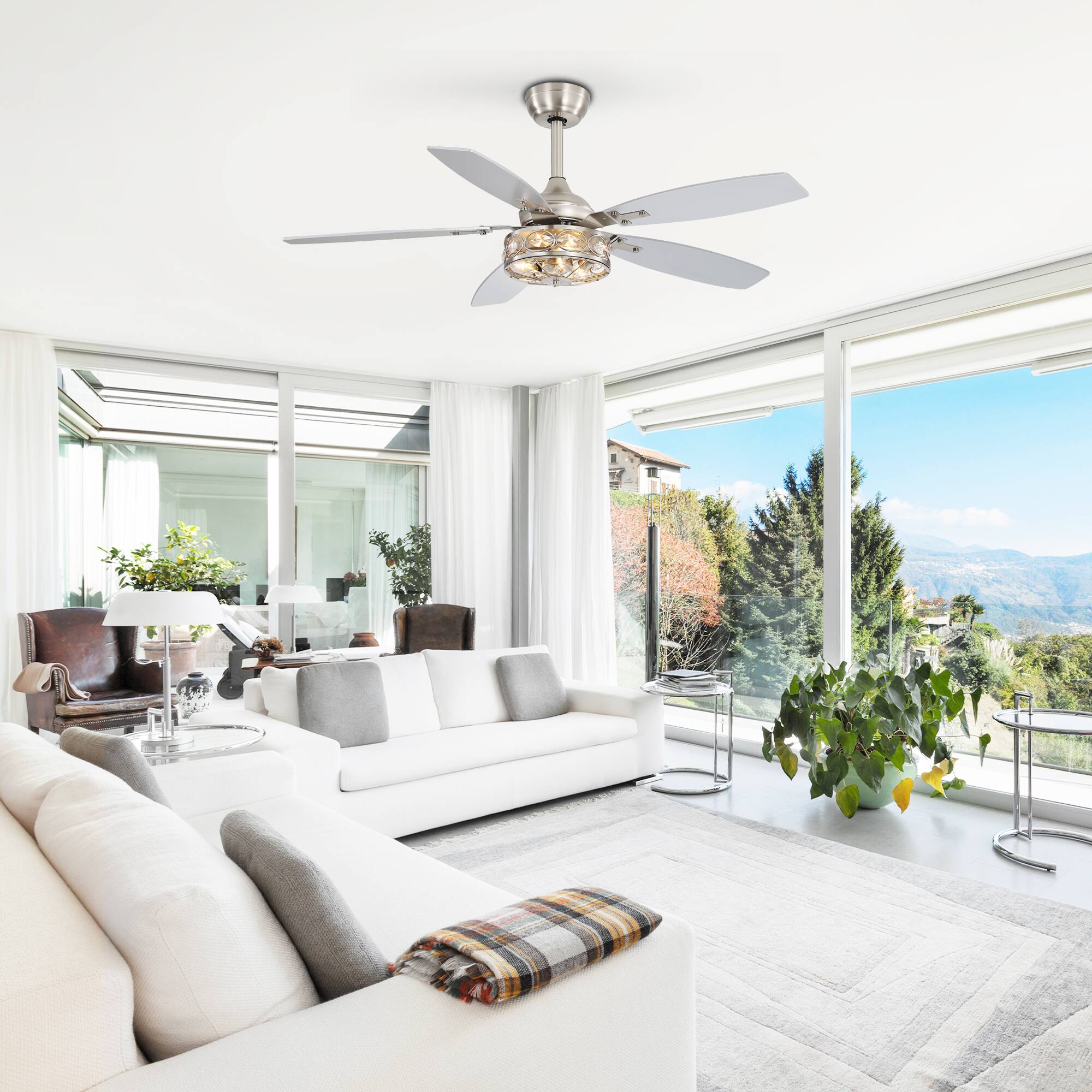 Alt View 2. Breezary - 48-in Indoor Ceiling Fan with Light Kit and Remote, 5 Blades, 6-Speed DC Motor, with Timer and 4''/8'' Downrods - Satin Nickel.