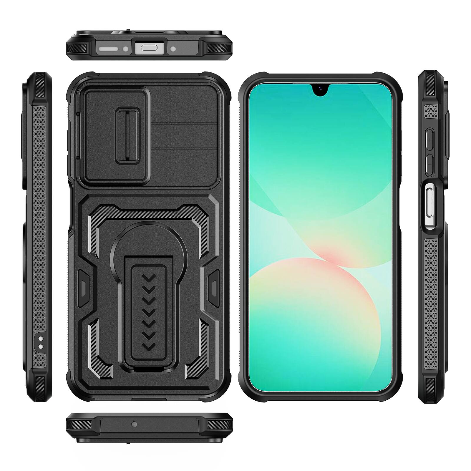 Alt View 4. Dteck - Rugged Stand Case for Samsung Galaxy A26 5G,Shockproof Heavy Duty Cover With Sliding Lens Cover+Tempered Glass Flim - Black.