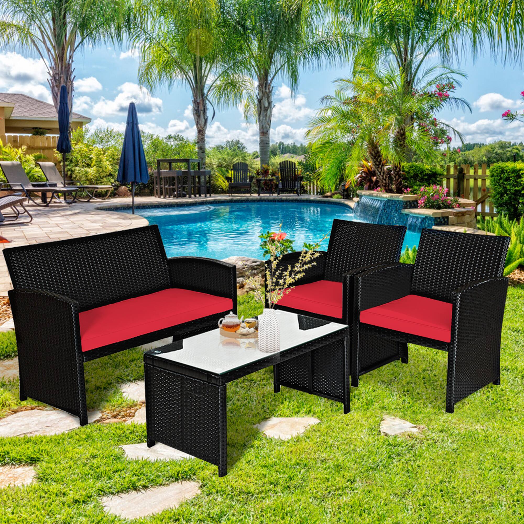 Alt View 9. Gymax - Gymax 8PCS Rattan Outdoor Conversation Set Patio Furniture Set w/ Red Cushions - Red.