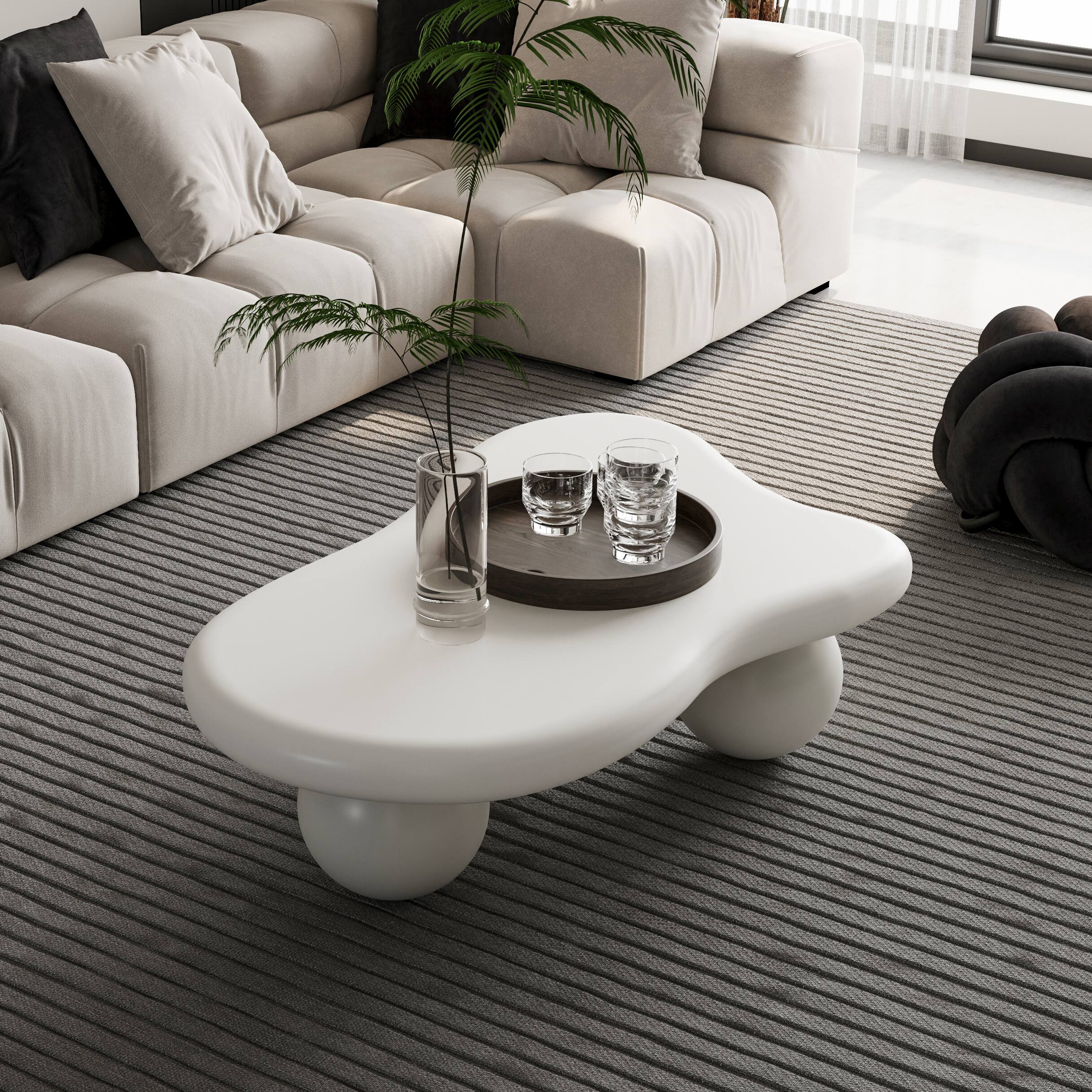 Back. Loheer - Loheer Cloud Shaped Coffee Table Cream White Modern Living Room Table with Ball Legs 40 Inch - Cream White.