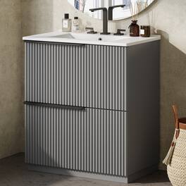 Boyel Living - 30 Inch Bathroom Vanity with Ceramic Sink Full Extension Drawers Soft Close Fluted Design - Gray