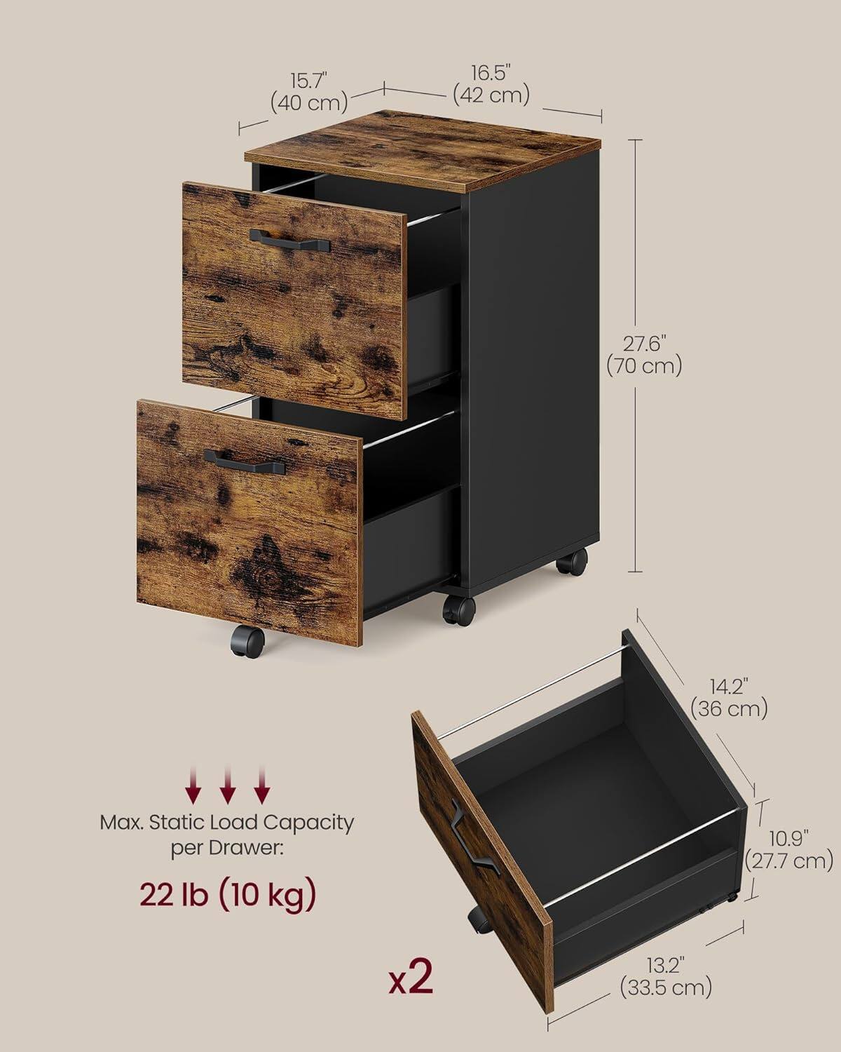 15.7" (40 cm) 16.5" (42 cm) 27.6" (70 cm) 14.2" (36 cm) Max. Static Load Capacity per Drawer: 22 lb (10 kg) 10.9" (27.7 cm) 13.2" (33.5 cm) x2