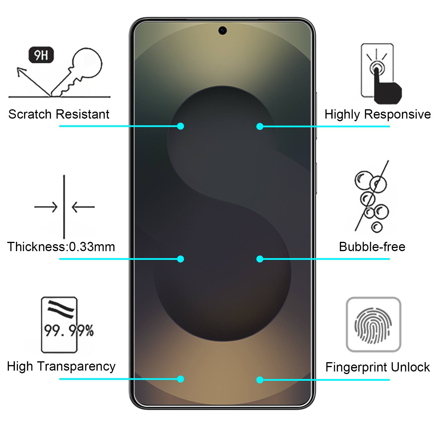 9H Scratch Resistant  
Highly Responsive  
Thickness: 0.33mm  
Bubble-free  
99.99% High Transparency  
Fingerprint Unlock