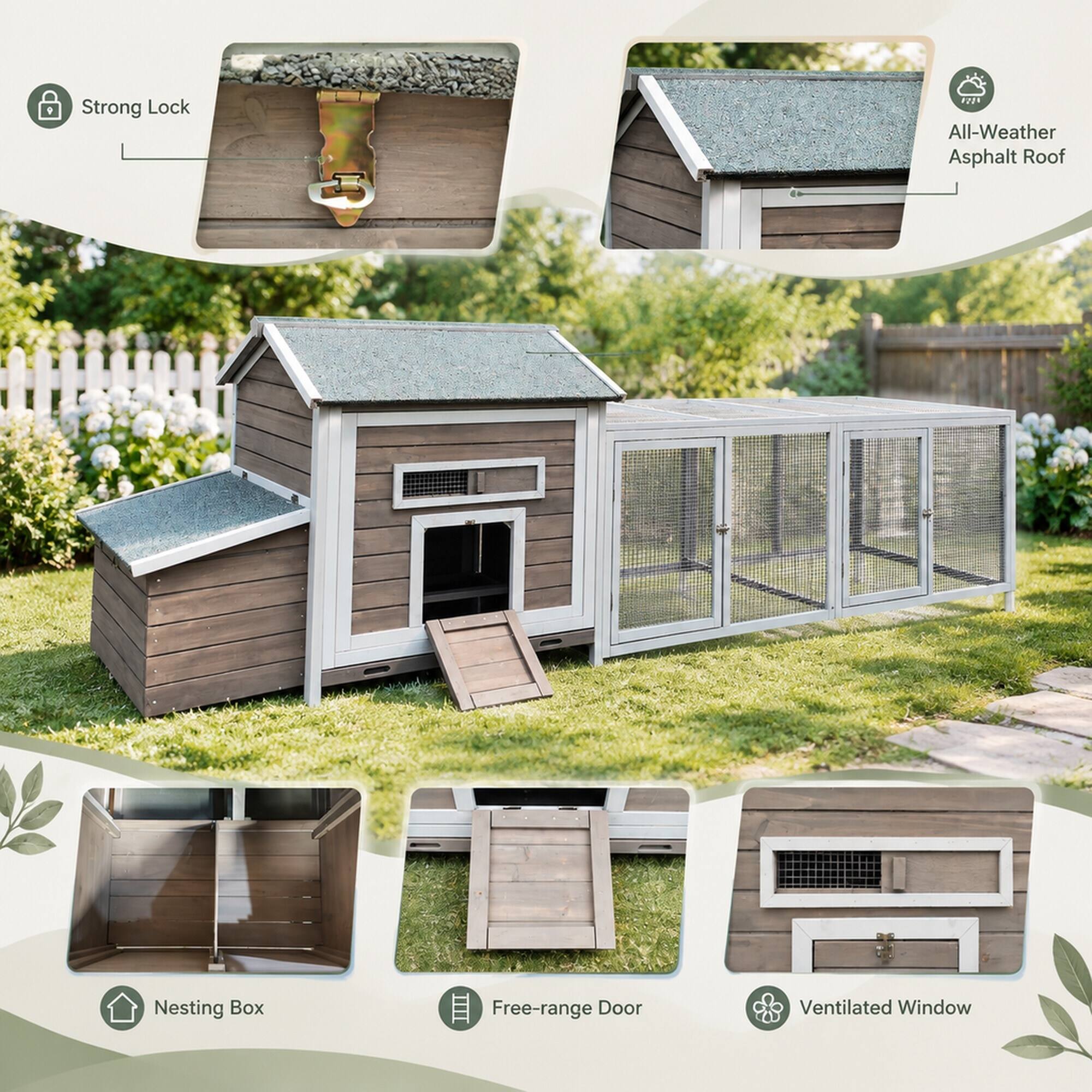 - Strong Lock
- All-Weather Asphalt Roof
- Nesting Box
- Free-range Door
- Ventilated Window