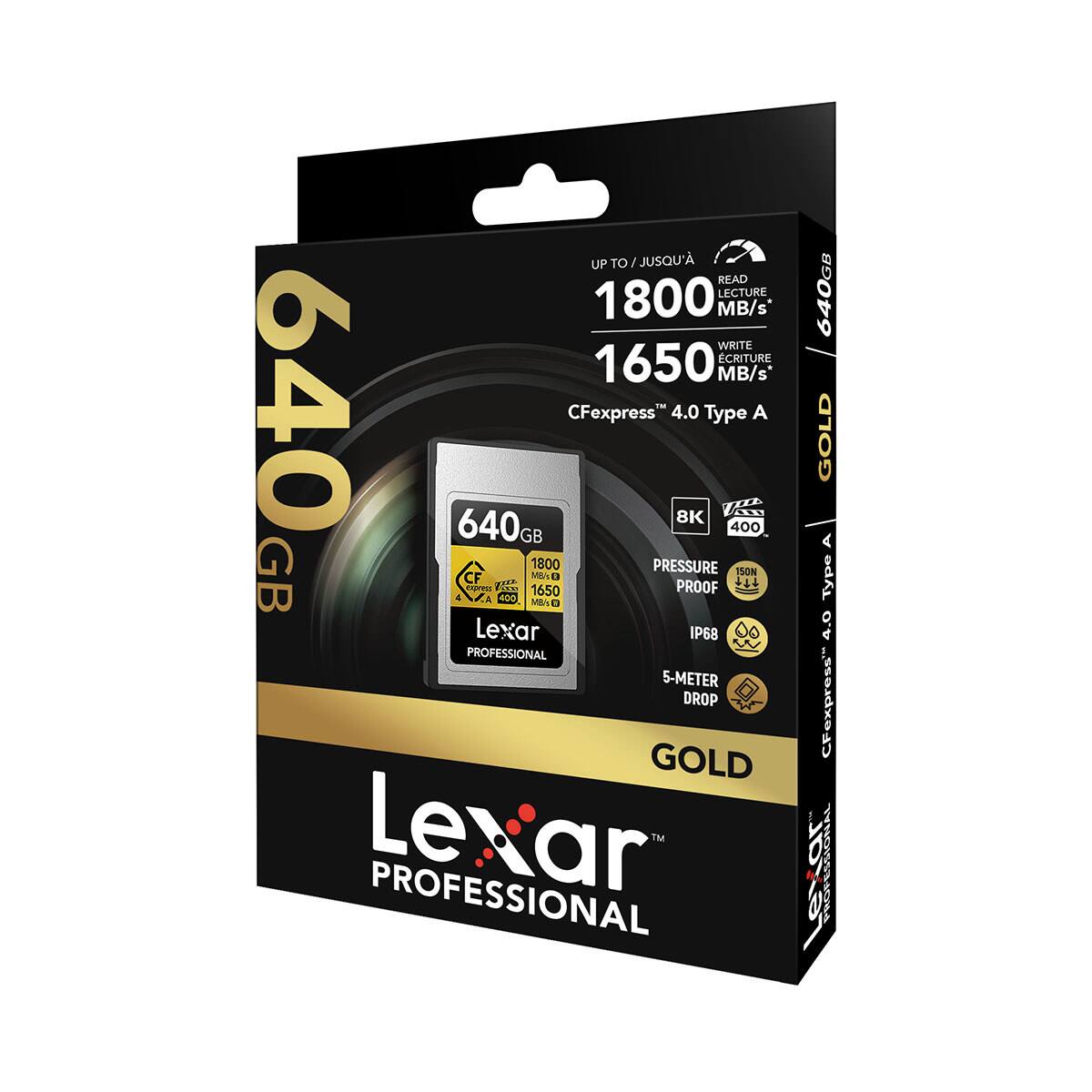 UP TO / JUSQU'À READ 1800 LECTURE MB/s WRITE 1650 CRITURE MB/s* GB 640 640GB CF express 4.0 Type A Lexar IP68 PROFESSIONAL 5-METER DROP GOLD Lexar PROFESSIONAL