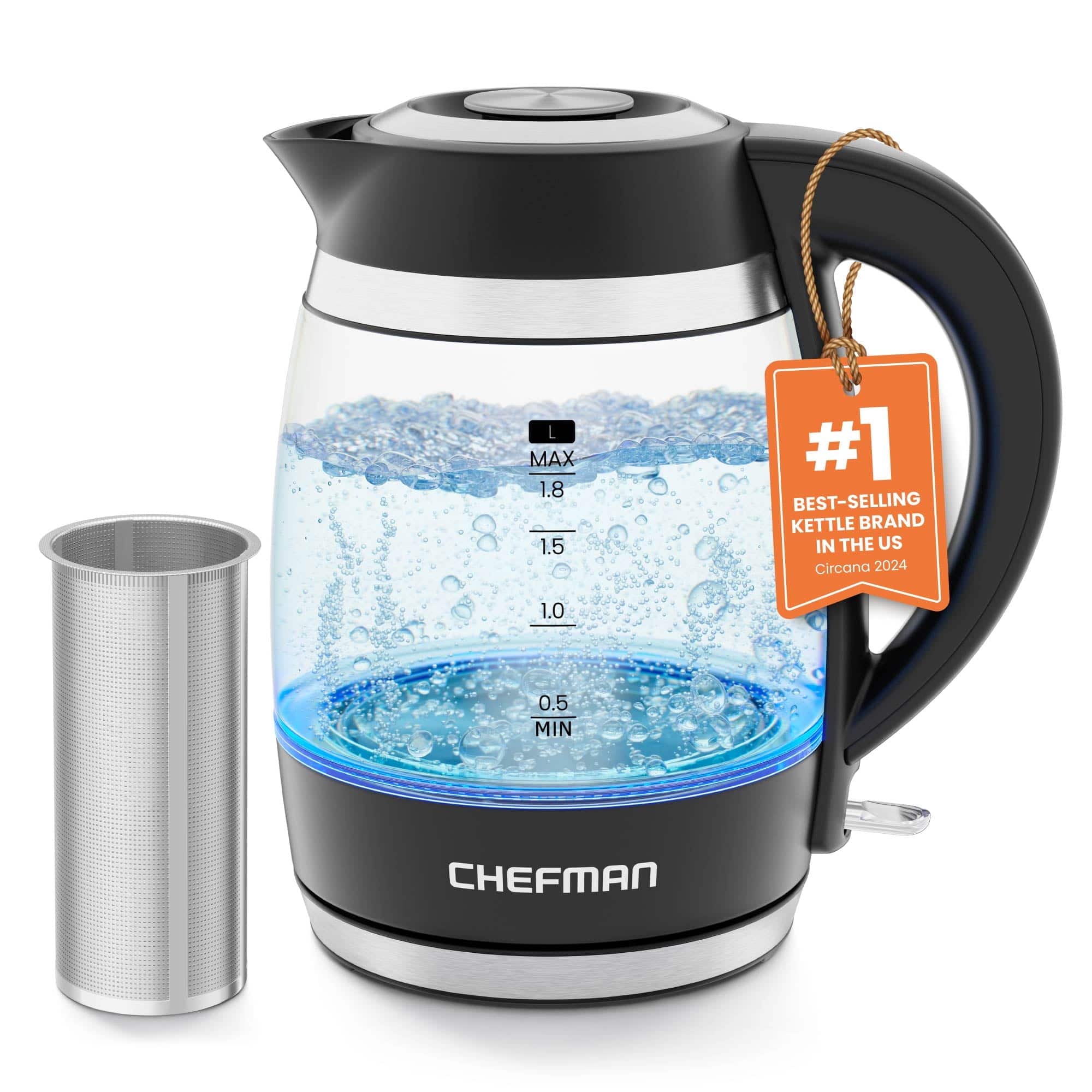 Chefman - Fast-Boil Electric Kettle with Tea Infuser, 1.8L with 1500W - Black