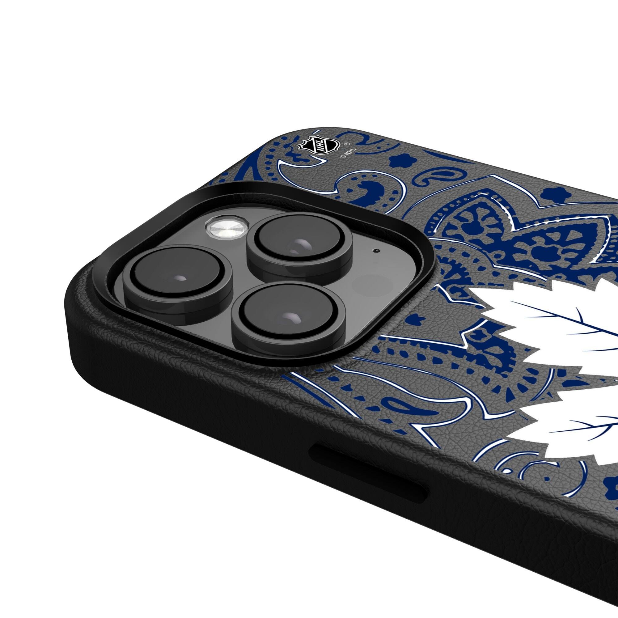 Alt View 3. Keyscaper - Black Toronto Maple Leafs Paisley iPhone Magnetic Bump Case - 15 Pro - Black.