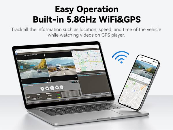 Easy Operation Built-in 5.8GHz WiFi&GPS  
Track all the information such as location, speed, and time of the vehicle while watching videos on GPS player.