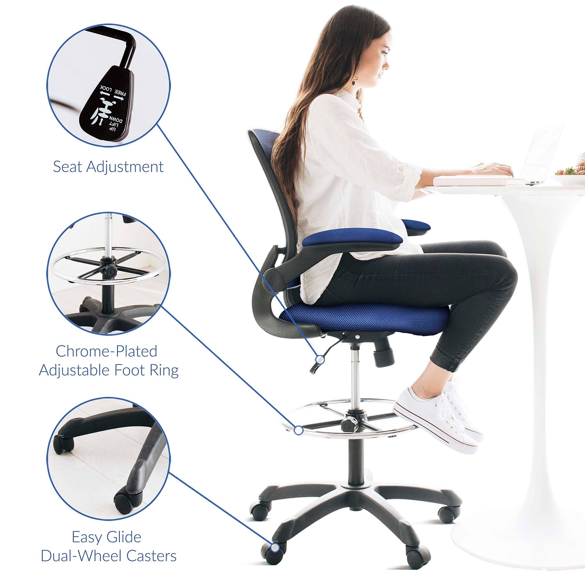 - Seat Adjustment
- Chrome-Plated Adjustable Foot Ring
- Easy Glide Dual-Wheel Casters