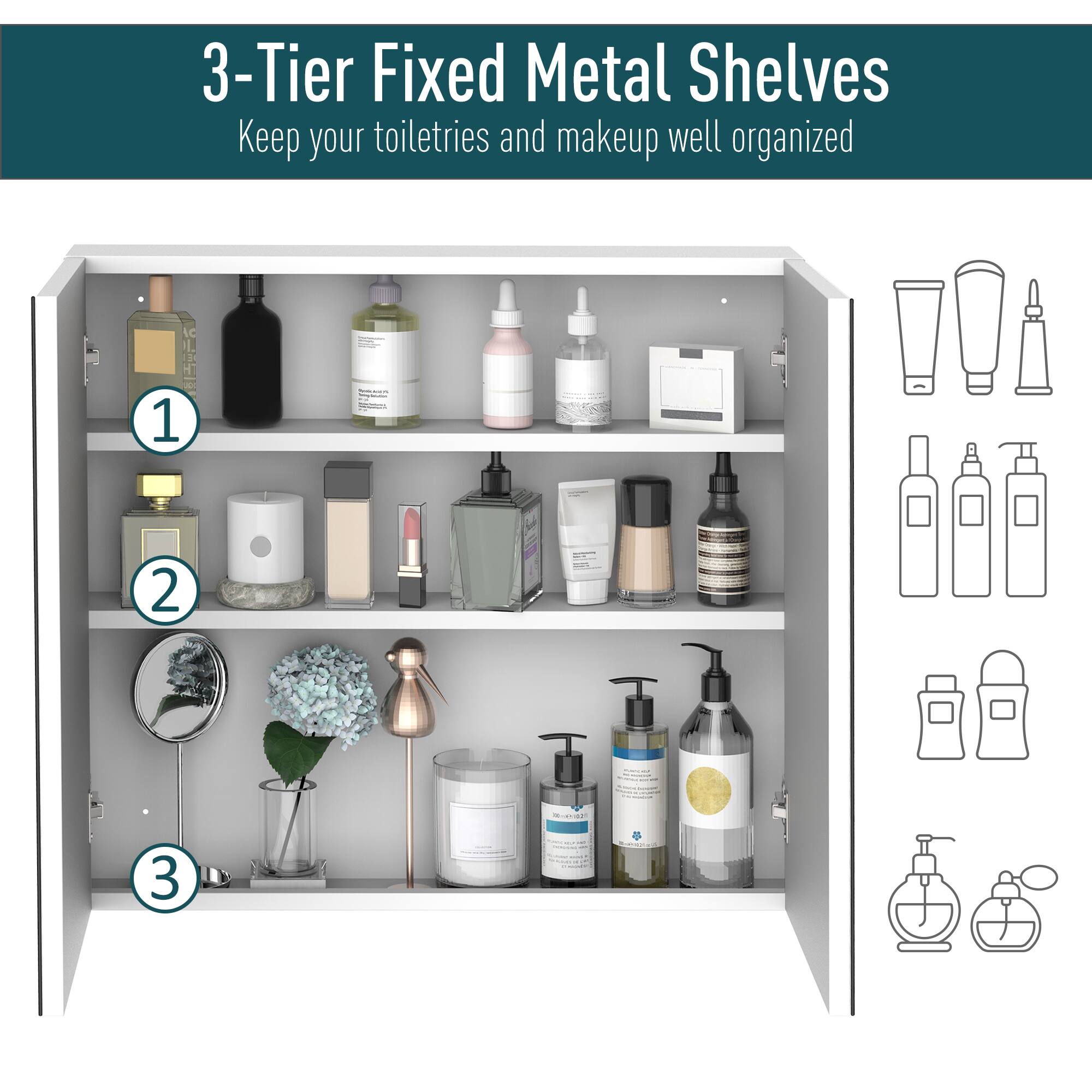 3-Tier Fixed Metal Shelves Keep your toiletries and makeup well organized
1. Cmcares
2. I.O.
3. e