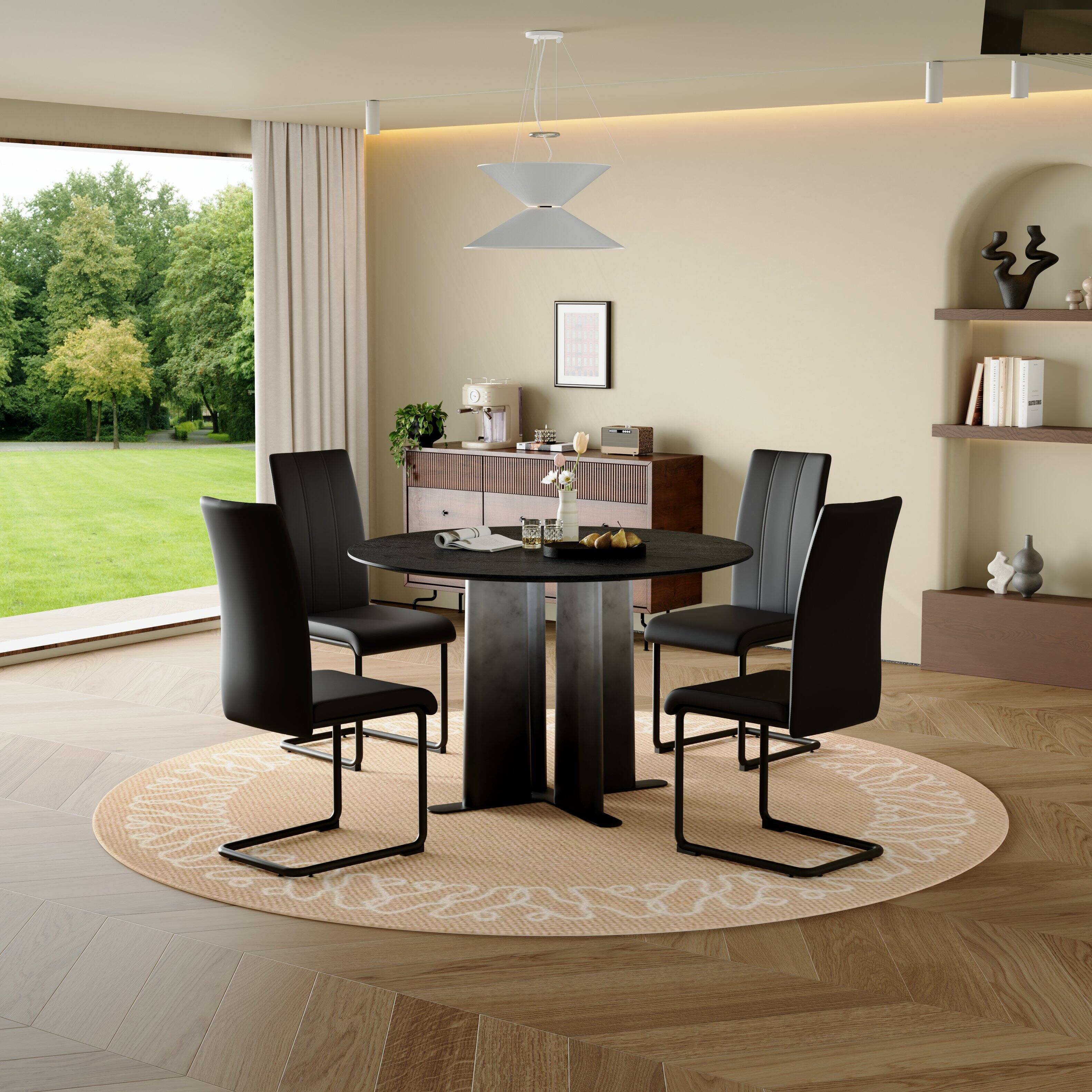 Alt View 2. Loheer - Loheer- 3.94 Ft Round Black Wood Grain MDF Dining Table with Cross Base Modern Kitchen Table for Small Spaces - Black.