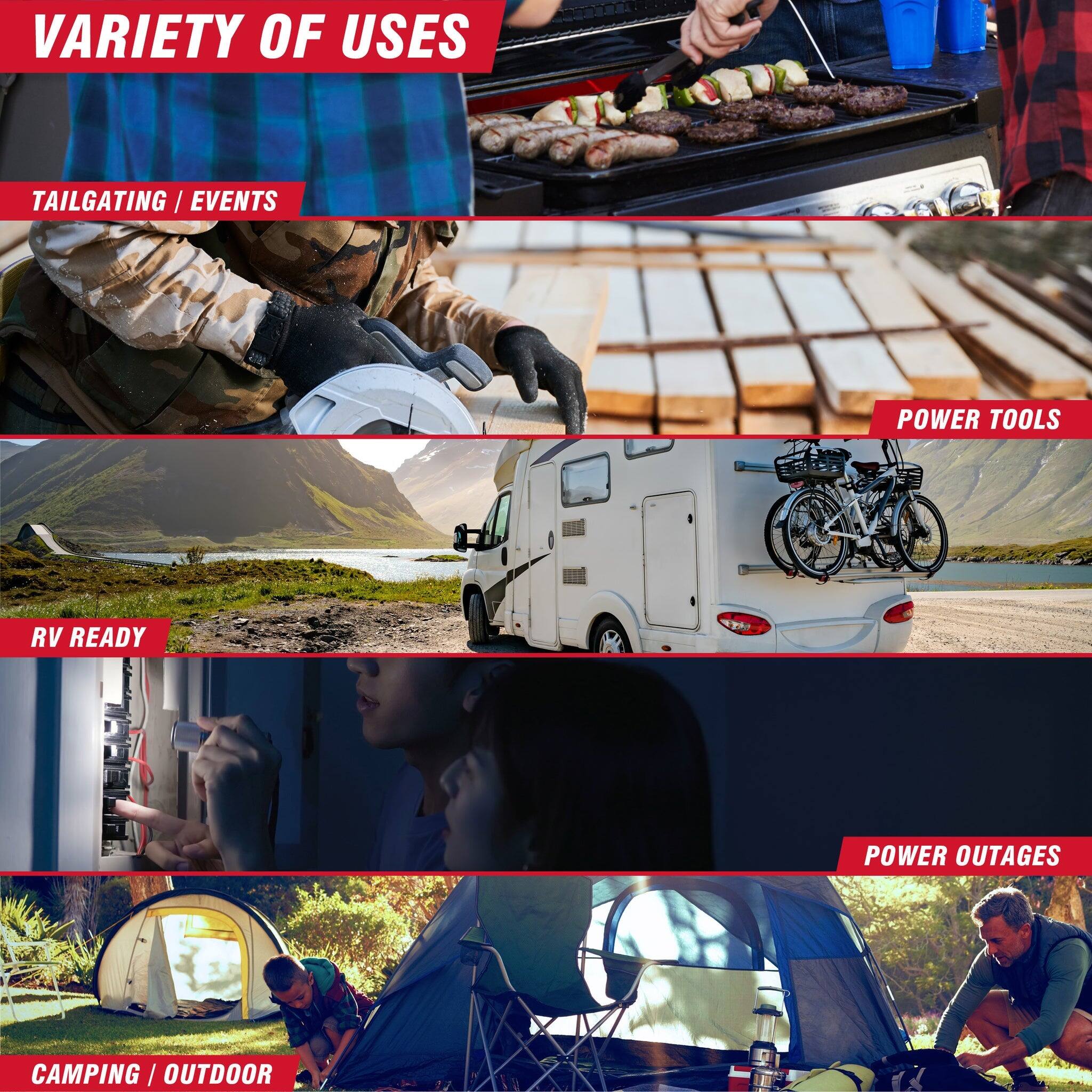 VARIETY OF USES

TAILGATING / EVENTS

POWER TOOLS

RV READY

POWER OUTAGES

CAMPING / OUTDOOR