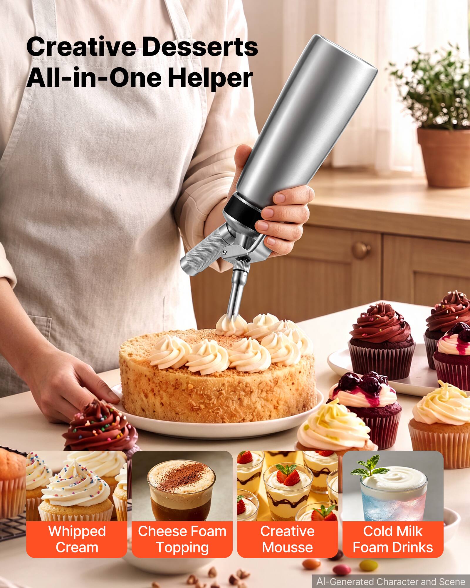 Creative Desserts All-in-One Helper

- Whipped Cream
- Cheese Foam Topping
- Creative Mousse
- Cold Milk Foam Drinks

AI-Generated Character and Scene