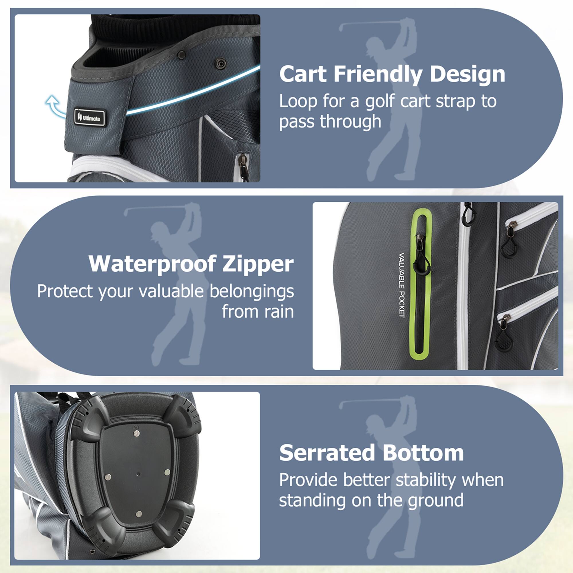 Cart Friendly Design  
Loop for a golf cart strap to pass through  

Waterproof Zipper  
Protect your valuable belongings from rain  

Serrated Bottom  
Provide better stability when standing on the ground