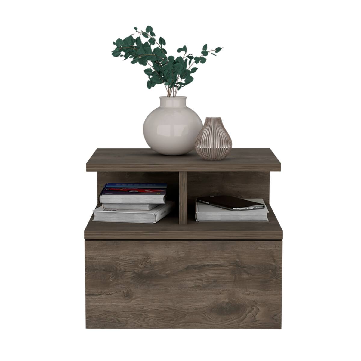 Alt View 1. Loheer - Loheer Floating Nightstand with Drawer, Two-Tier Shelf, Dark Walnut, 12-Inch Height - Brown.