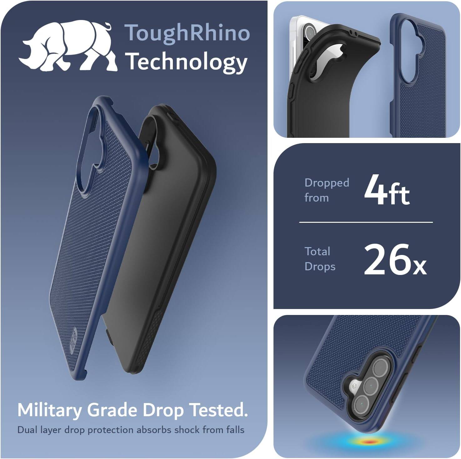 ToughRhino Technology

Dropped from 4ft  
Total Drops 26x

Military Grade Drop Tested.  
Dual layer drop protection absorbs shock from falls