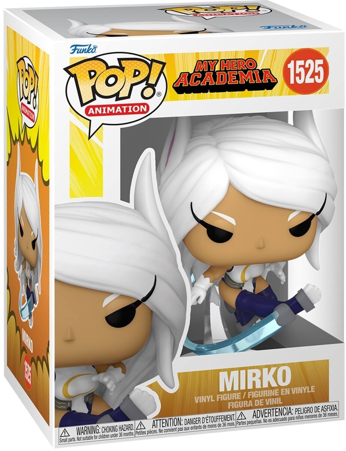 Sure, here is the corrected and grouped text from the image:

---

**Funko POP! Animation**

**My Hero Academia**

**1525**

**Mirko**

**Vinyl Figure / Figurine en Vinyle / Figura de Vinil**

**Warning: Choking Hazard. Small parts. Not suitable for children under 36 months.**

**Attention: Danger d'étouffement. Petites pièces. Ne convient pas aux enfants de moins de 36 mois.**

**Advertencia: Peligro de asfixia. Partes pequeñas. No es adecuado para niños menores de 36 meses.**

---

This text is organized to reflect the information on the packaging accurately.
