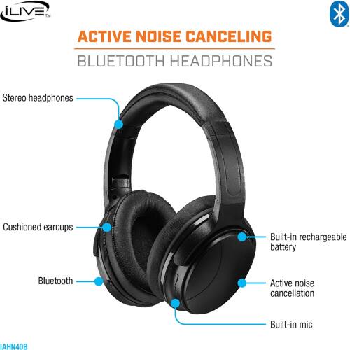 LIVE™ ACTIVE NOISE CANCELING BLUETOOTH HEADPHONES

- Stereo headphones
- Cushioned earcups
- Built-in rechargeable battery
- Bluetooth
- Active noise cancellation
- Built-in mic

IAHN40B