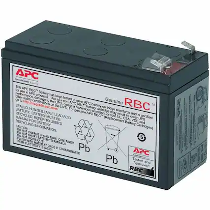 APC by Schneider Electric
This APC RBC™ Battery has been tested to meet APC battery cartridge standards and is certified for use in APC products. Use of a non-APC battery or battery cartridge may result in lower UPS performance, damage to the UPS, or void UL, CSA, VDE and other safety certifications. For hazardous battery condition, go to http://upgrade.apc.com to create a genuine APC RBC™ Replacement Battery Cartridges.
Genuine RBC™
SEALED, NON-SPILLABLE LEAD ACID BATTERY. MUST BE RECYCLED. BATTERY MUST BE RECYCLED FOR BATTERY USERS. REFER TO USER'S MANUAL FOR RECYCLING INFORMATION.
CAUTION:
- DO NOT CHARGE IN GAS TIGHT CONTAINER
- DO NOT SHORT BATTERY TERMINALS
- FLUSH WITH WATER IF CONTAMINATED
Pb
APC by Schneider Electric
Tested and Approved
Pb
5