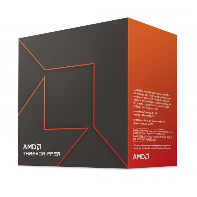 Sure, here is the corrected and grouped text from the image:

---

**Front Side:**

- AMD THREADRIPPER

**Back Side:**

- © 2022 Advanced Micro Devices, Inc. All rights reserved. AMD, the AMD logo, and Threadripper are trademarks of Advanced Micro Devices, Inc. or its subsidiaries. Other names used are for informational purposes only and may be trademarks of their respective owners. For more information, visit www.amd.com.

- Advanced Micro Devices, Inc. P.O. Box 3433  
  Sunnyvale, California 94088-3433  
  For more information, visit www.amd.com

- AMD products are made in one or more of the following countries: USA, Taiwan, Germany, China, Malaysia, Philippines, and/or other countries. For more information, visit www.amd.com.

- AMD is committed to environmentally responsible practices. Learn more at www.amd.com/environment.

---

This text is grouped and corrected based on the visible information in the image.