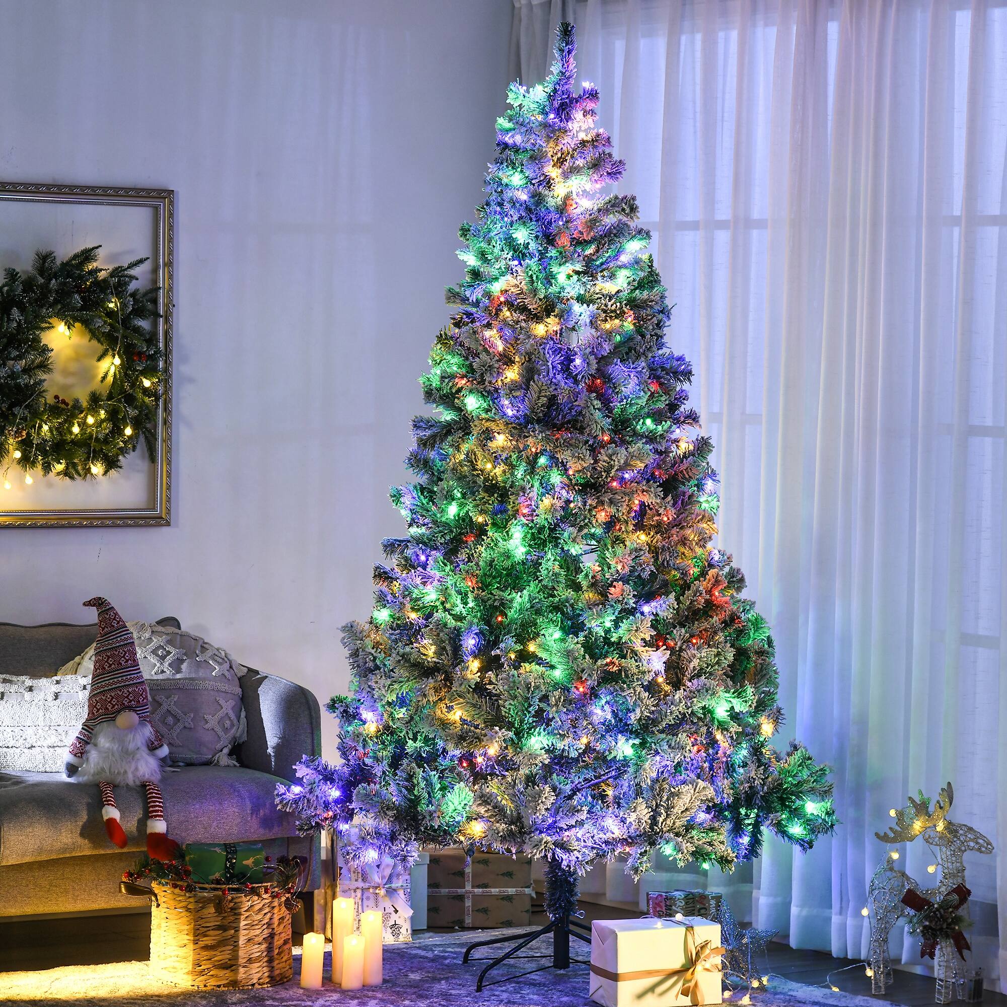 Alt View 1. Homcom - Artificial Snow Christmas Trees with Frosted Branches, Warm White or Colorful LED Lights - green.