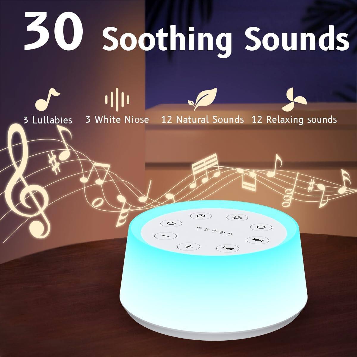 30 Soothing Sounds  
3 Lullabies  
3 White Noise  
12 Natural Sounds  
12 Relaxing Sounds