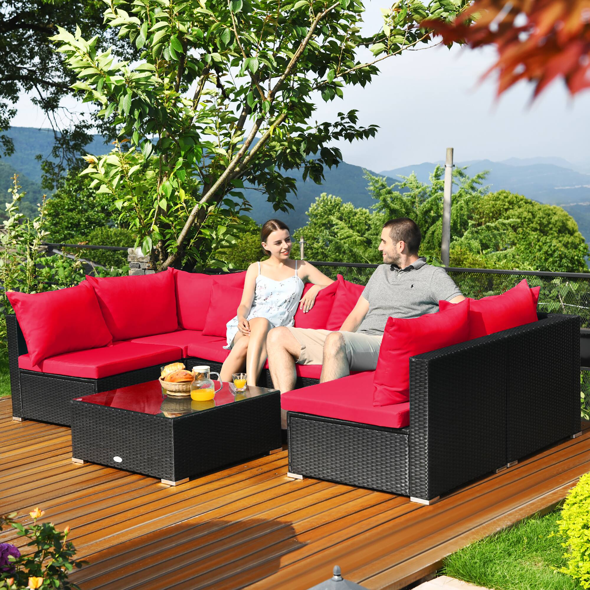 Alt View 3. Costway - Costway 7PCS Patio Wicker Sofa Set Sectional Conversation Furniture Set Garden - Red.