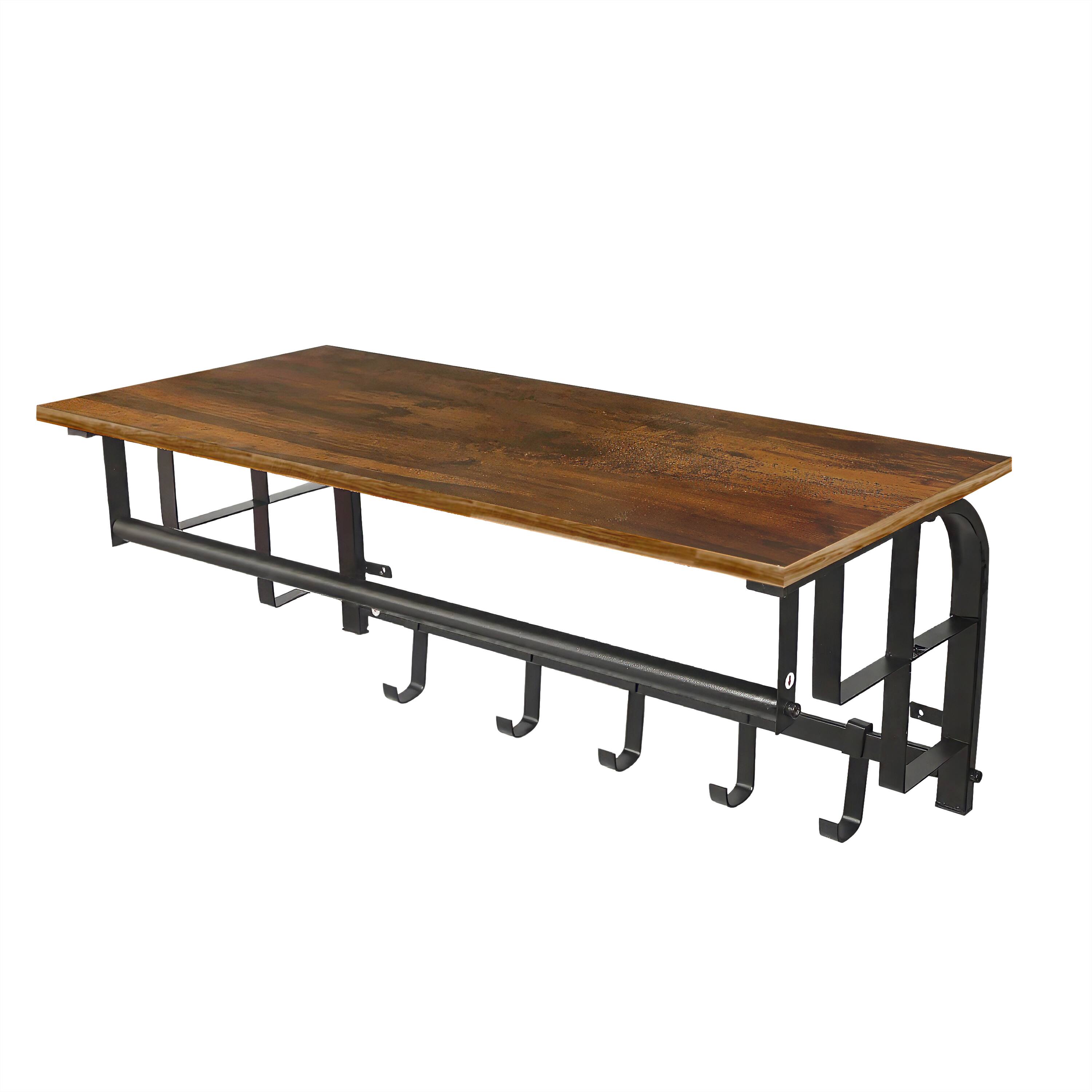 Angle. Manhattan Lane - 26 Inch Industrial Metal Frame Wall Mount Coat Rack, 5 Hooks, 1 Shelf - Brown and Black.
