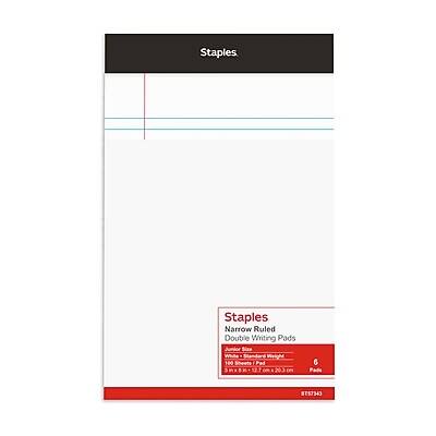 Staples  
Narrow Ruled Double Writing Pads  
Junior Size  
White  
Standard Weight  
100 Sheets  
Pad  
203 on 6  
ST57343