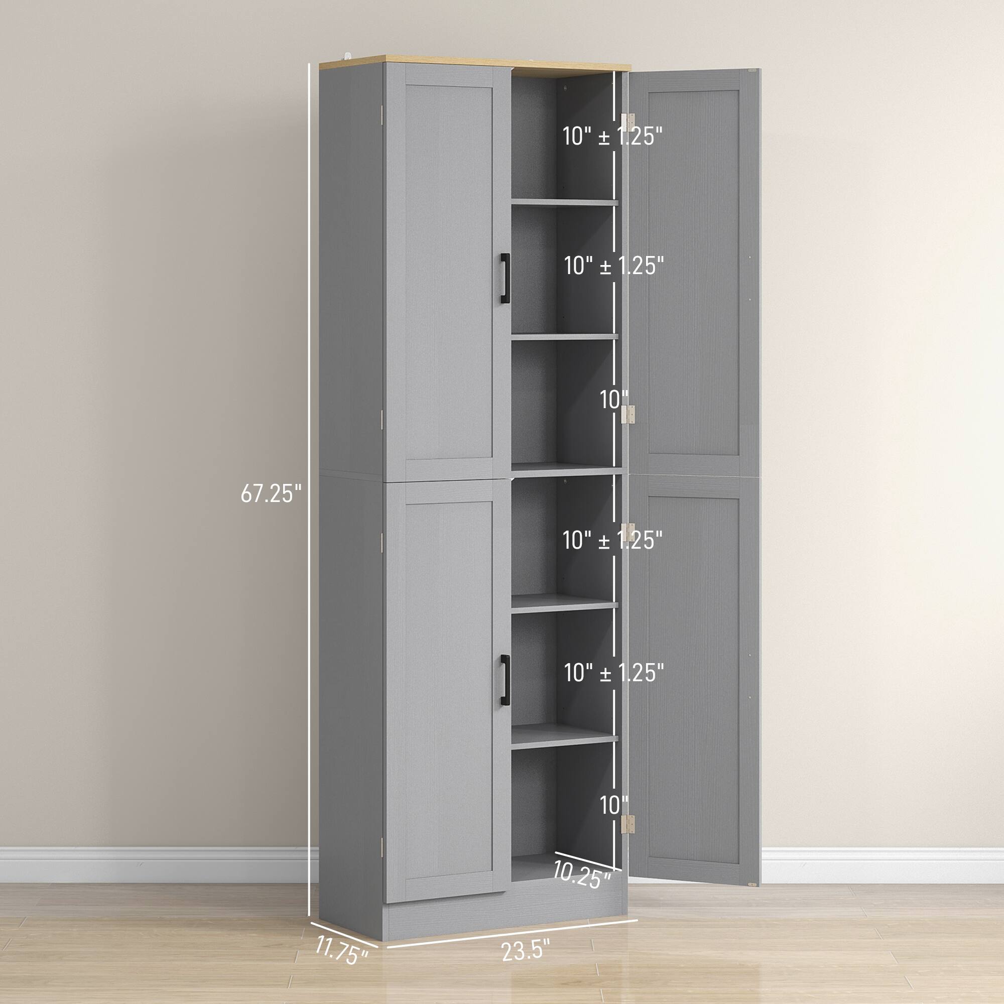 Shelf: 10" ± 1.25"
Door: 10" ± 1.25"
Door: 10" ± 1.25"
Door: 10" ± 1.25"
Door: 10" ± 1.25"
Door: 10.25"
Height: 67.25"
Width: 11.75"
Depth: 23.5"