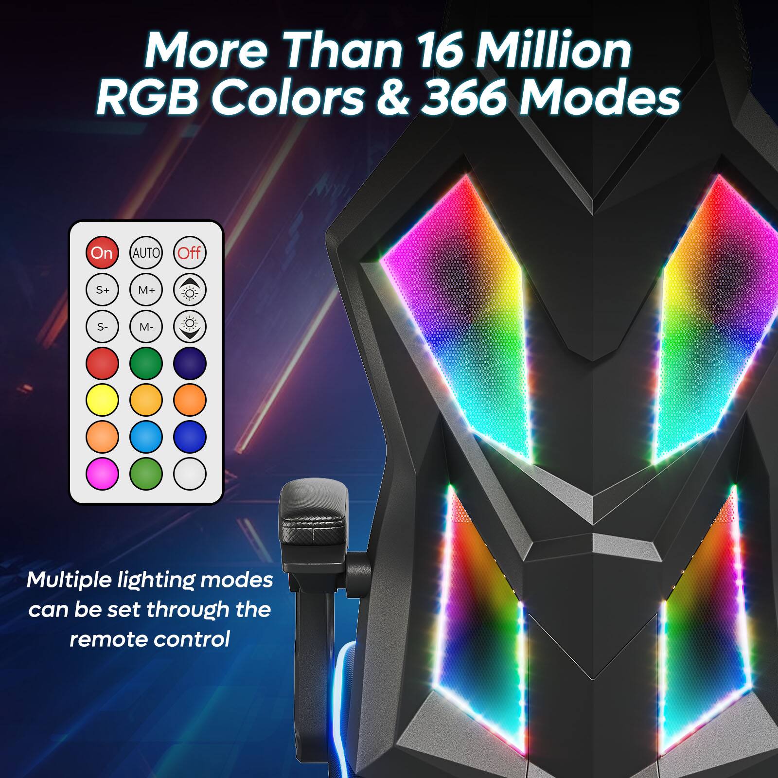 More Than 16 Million RGB Colors & 366 Modes On AUTO Off S+ M+ S- M- Multiple lighting modes can be set through the remote control.