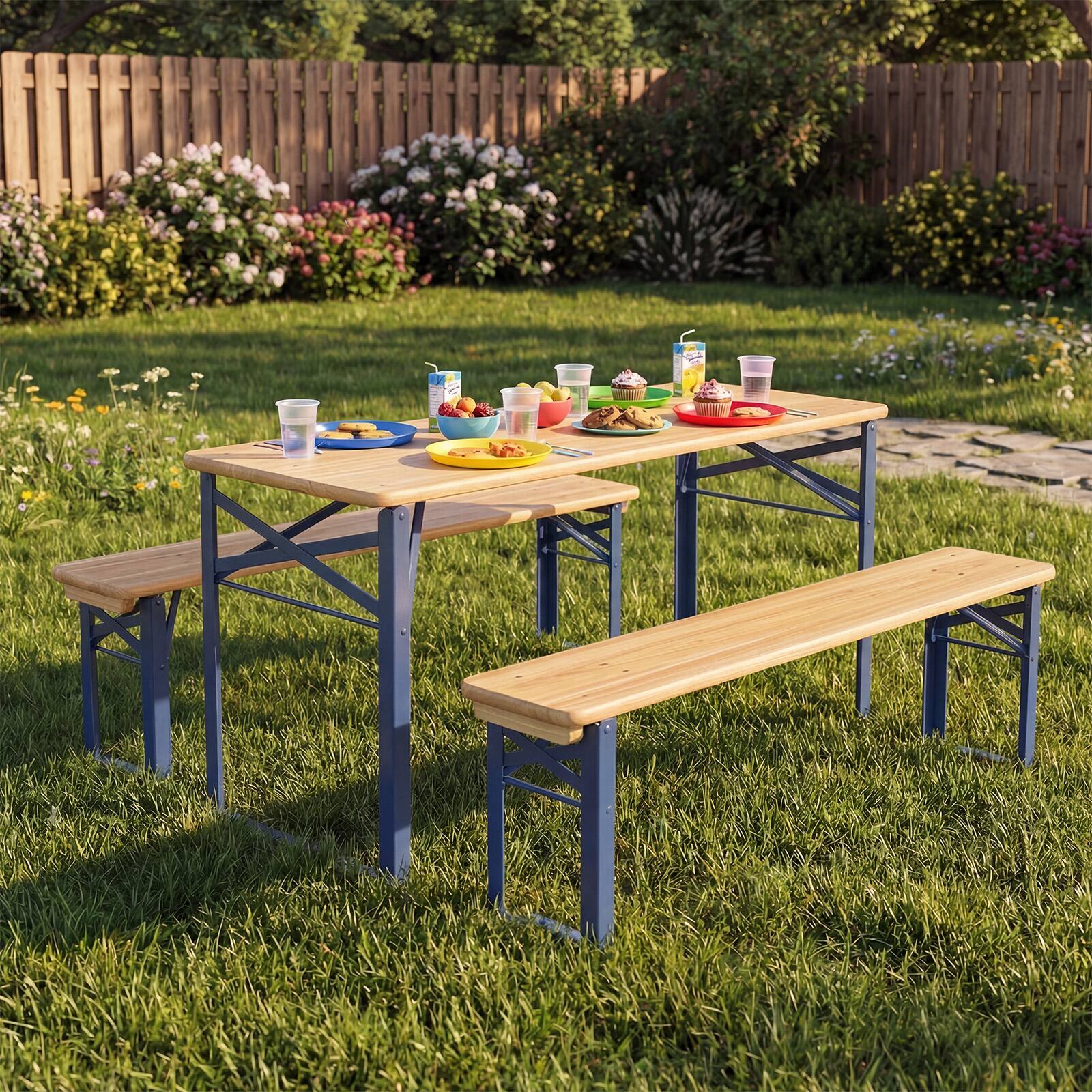 Alt View 1. Costway - Costway 43.5 Inch Folding Kids Picnic Table & Bench Set with 0.8" Thick Fir Wood Top - Navy Blue and Natural.
