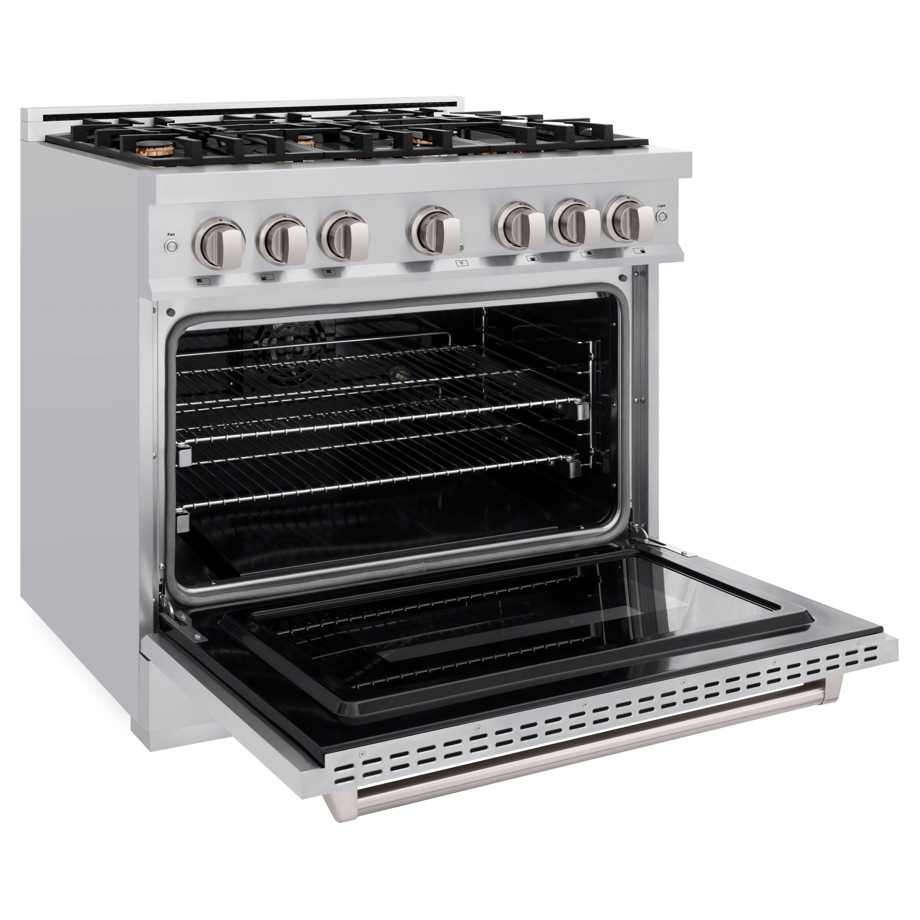 Left. ZLINE - 36" Classic Dual Fuel Range with 6 Brass Burners and Convection Oven (CDR-BR-36) - Stainless Steel.