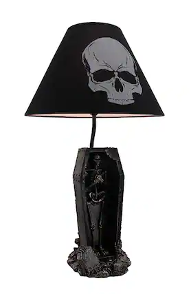 Front. Zeckos - The Gloaming Skeleton in a Coffin Table Lamp and Fabric Skull Shade - Black.