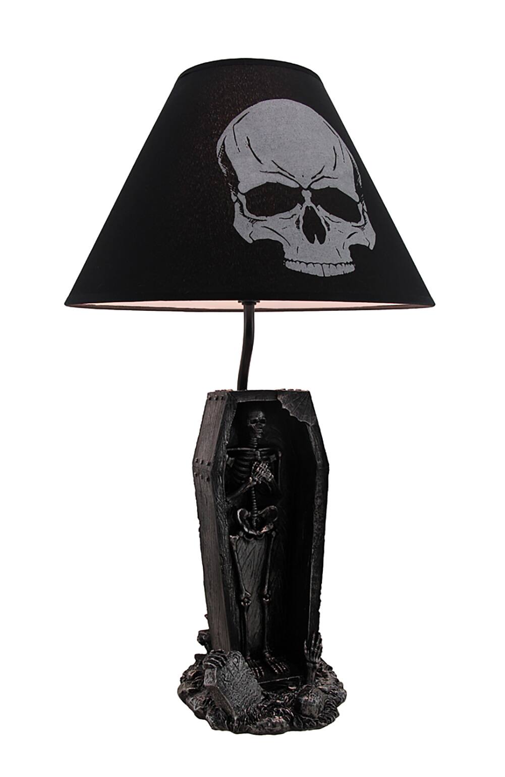 Front. Zeckos - The Gloaming Skeleton in a Coffin Table Lamp and Fabric Skull Shade - Black.