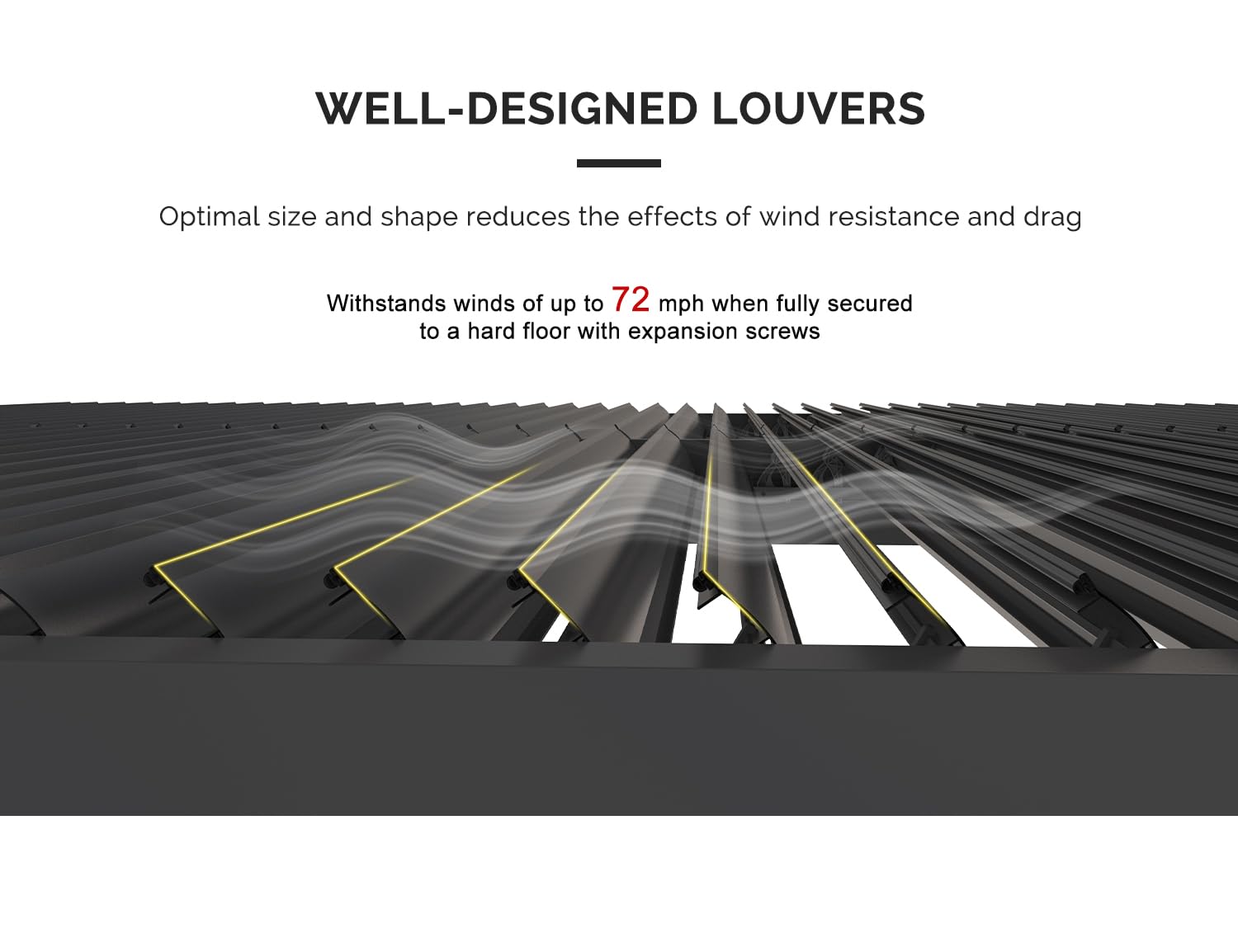 WELL-DESIGNED LOUVERS

Optimal size and shape reduces the effects of wind resistance and drag

Withstands winds of up to 72 mph when fully secured to a hard floor with expansion screws